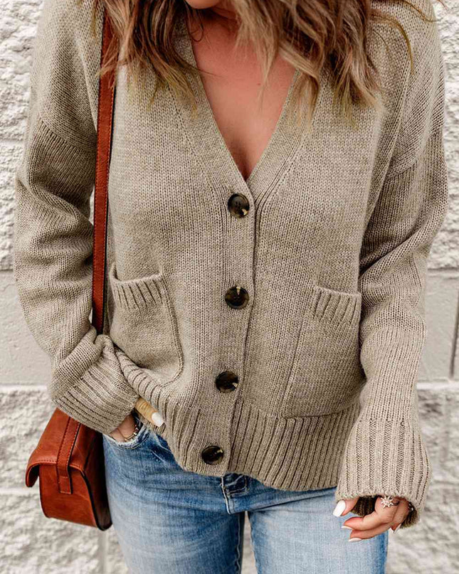 Ribbed Trim Button Down Cardigan with Pockets