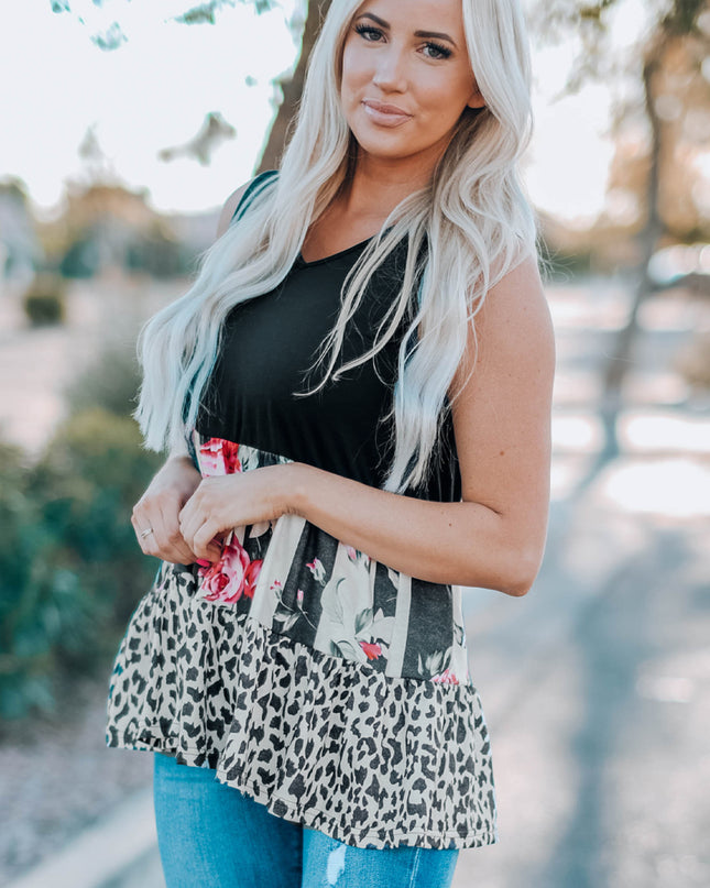 Leopard Floral Color Block V-Neck Tank Top