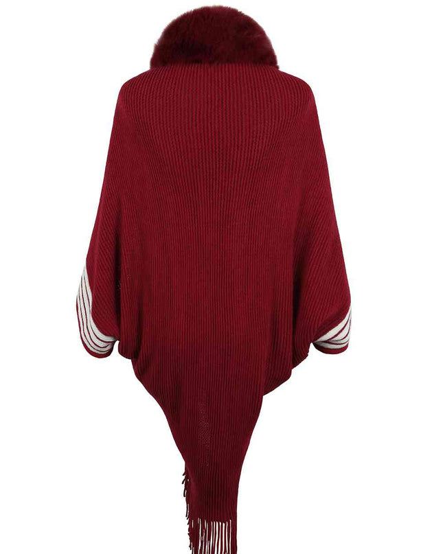 Striped Fringe Detail Long Sleeve Poncho