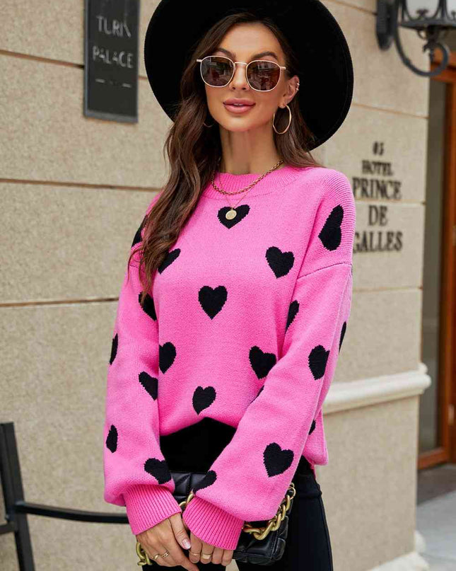 Woven Right Heart Pattern Lantern Sleeve Round Neck Tunic Sweater
