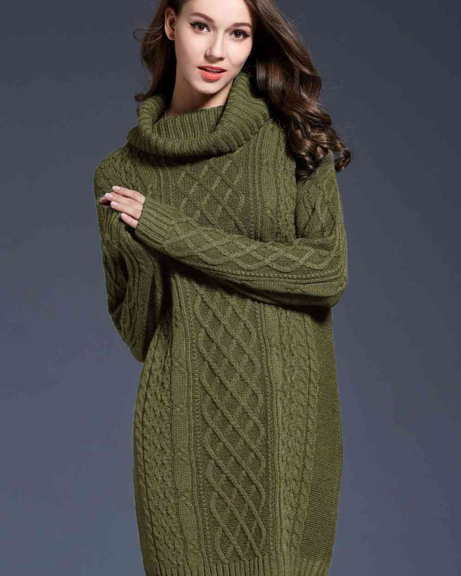 Woven Right Full Size Mixed Knit Cowl Neck Dropped Shoulder Sweater Dress