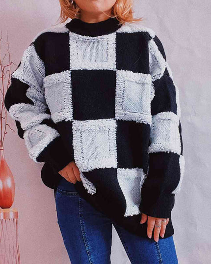 Checkered Round Neck Long Sleeve Sweater