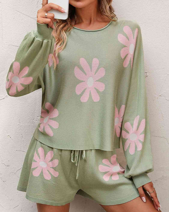Floral Print Raglan Sleeve Knit Top and Tie Front Sweater Shorts Set