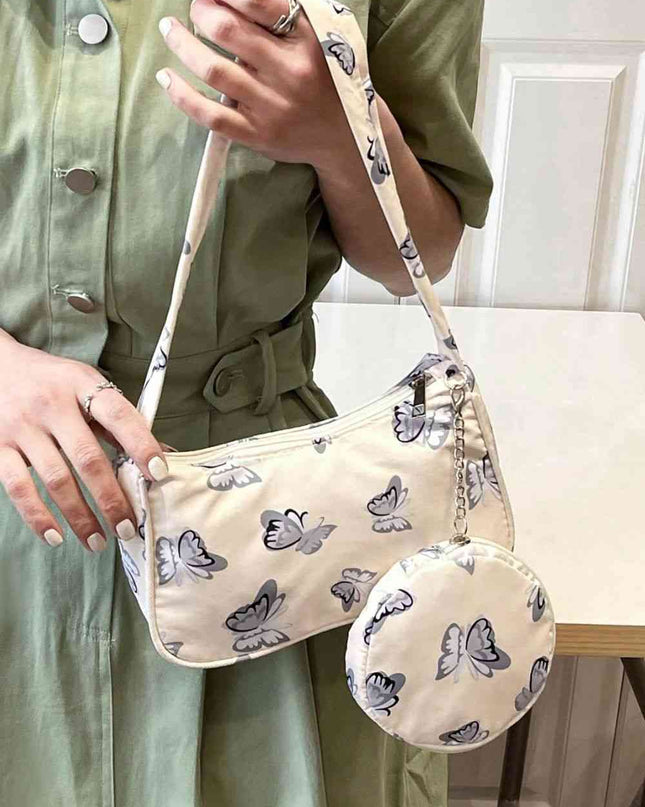 Butterfly Print Shoulder Bag with Purse