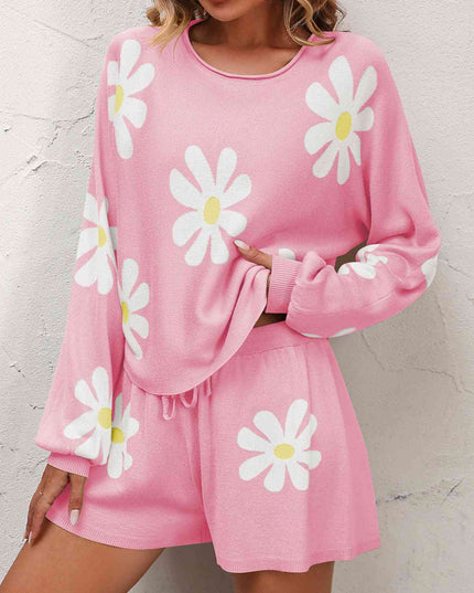 Floral Print Raglan Sleeve Knit Top and Tie Front Sweater Shorts Set