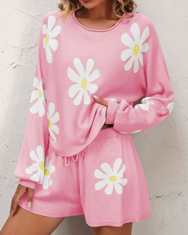 Floral Print Raglan Sleeve Knit Top and Tie Front Sweater Shorts Set