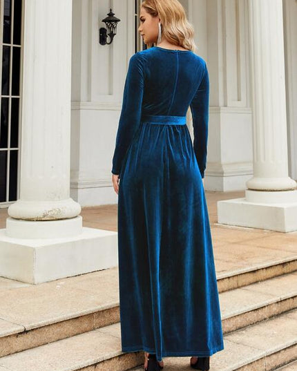 Tie Front Round Neck Long Sleeve Maxi Dress