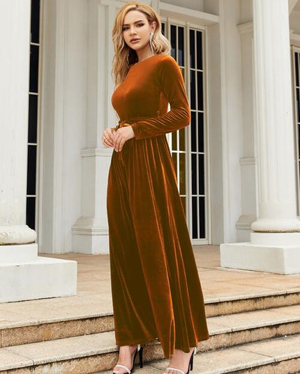 Tie Front Round Neck Long Sleeve Maxi Dress