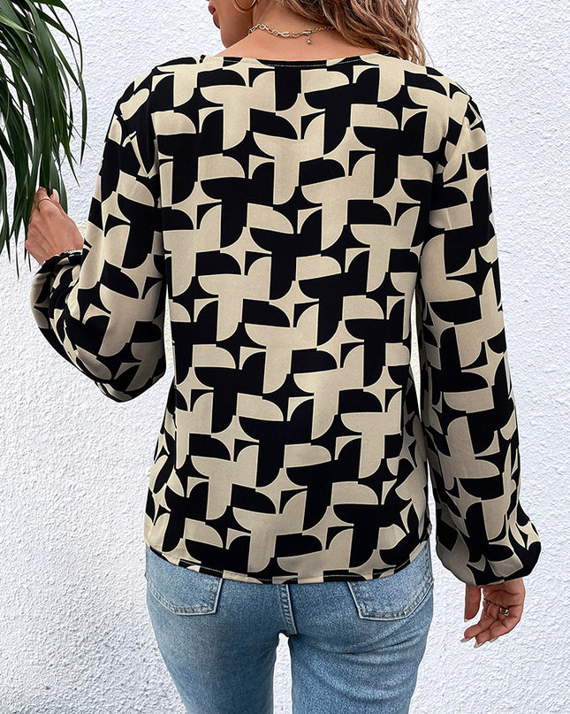 Two-Tone Lace Trim Balloon Sleeve Blouse