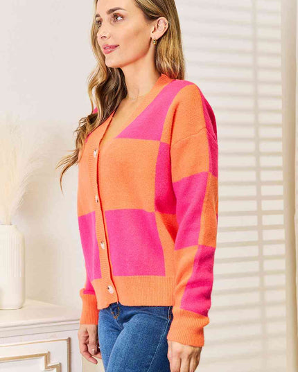 Woven Right Checkered V-Neck Dropped Shoulder Cardigan