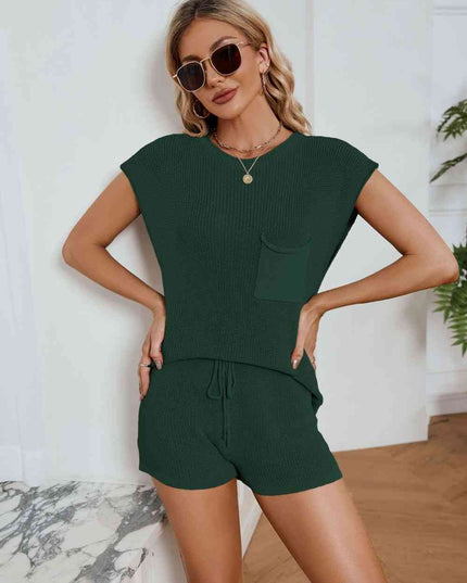 Ribbed Round Neck Pocket Knit Top and Shorts Set
