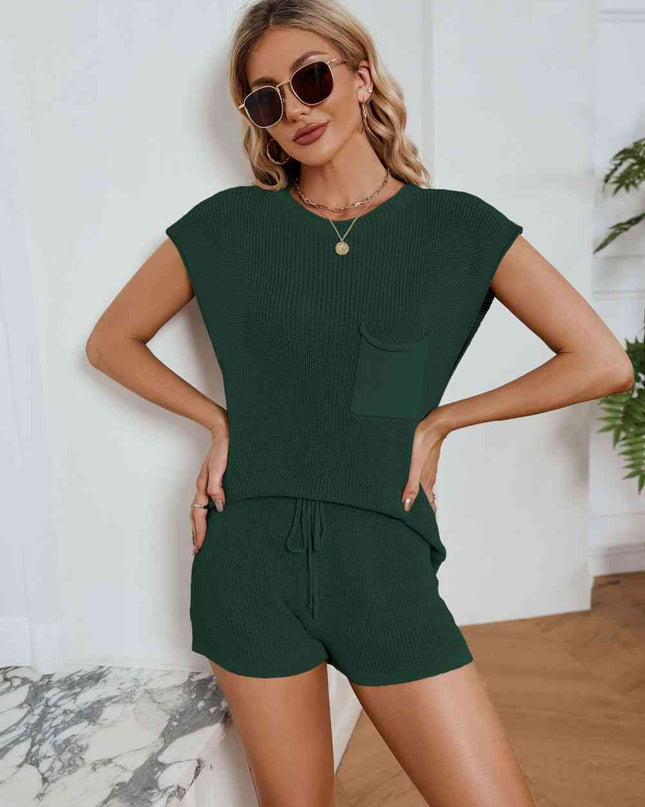 Ribbed Round Neck Pocket Knit Top and Shorts Set