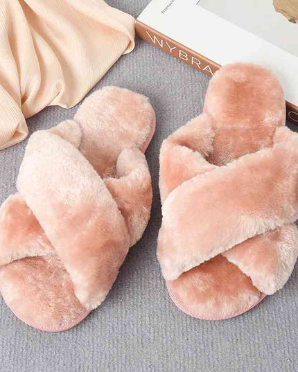Faux Fur Crisscross Strap Slippers