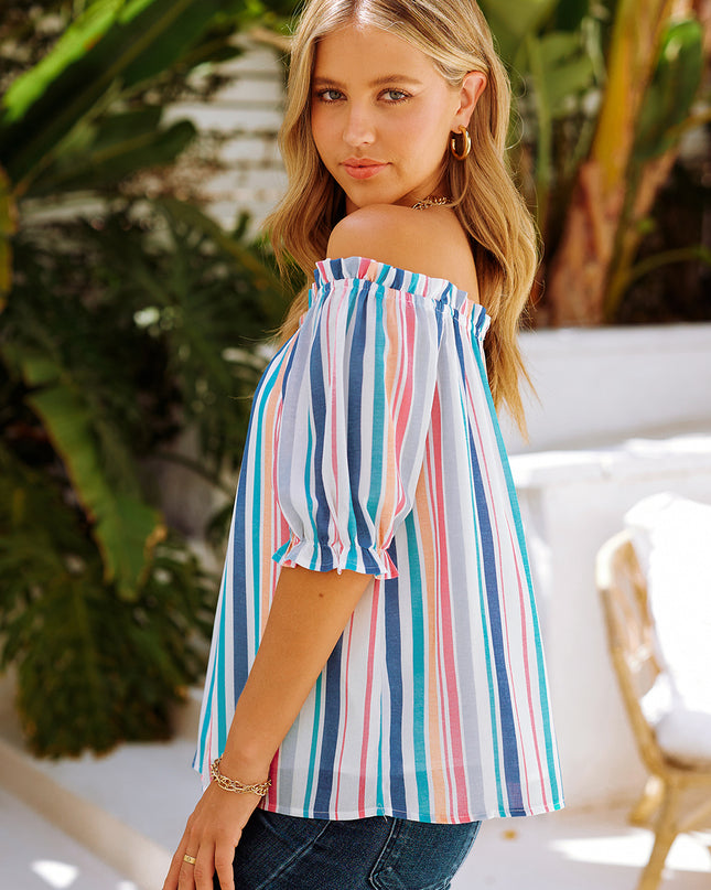 Rainbow Stripe Off-Shoulder Frilled Flounce Sleeve Blouse