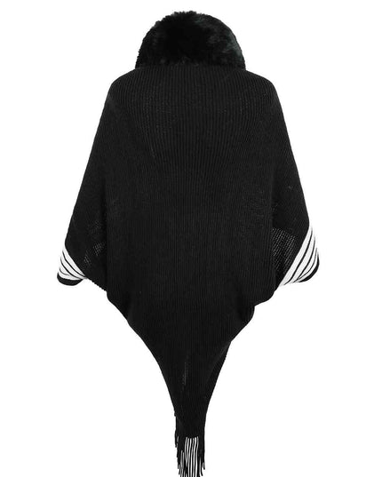 Striped Fringe Detail Long Sleeve Poncho
