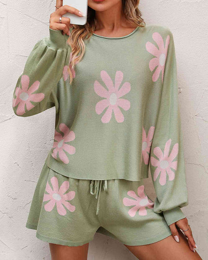Floral Print Raglan Sleeve Knit Top and Tie Front Sweater Shorts Set