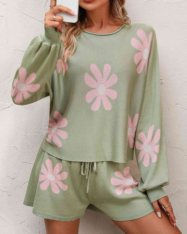 Floral Print Raglan Sleeve Knit Top and Tie Front Sweater Shorts Set