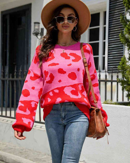 Woven Right Leopard Ribbed Trim Dropped Shoulder Sweater