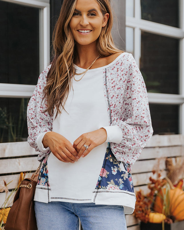 Floral Lantern Sleeve Round Neck Top