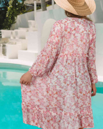 Printed Long Sleeve Tie Front Cover Up