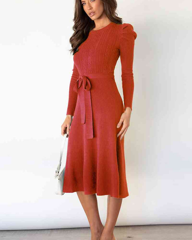 Round Neck Long Sleeve Tie Waist Sweater Dress