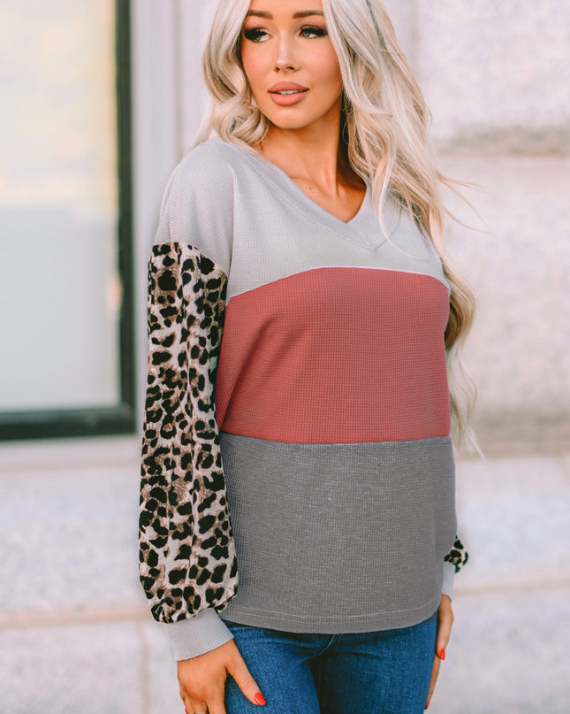 Leopard Color Block V-Neck Top