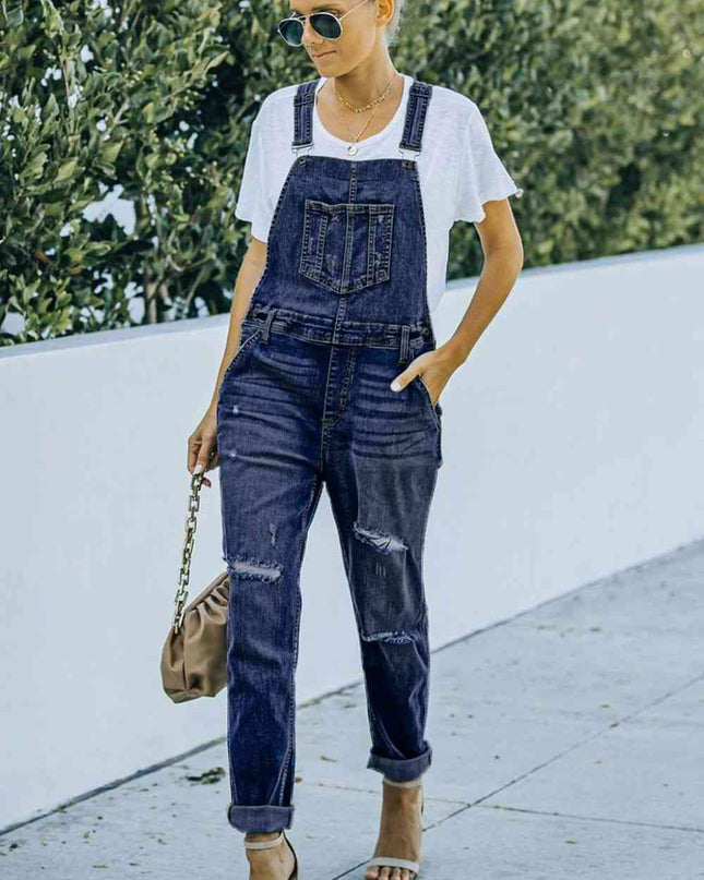 Pocketed Distressed Denim Overalls