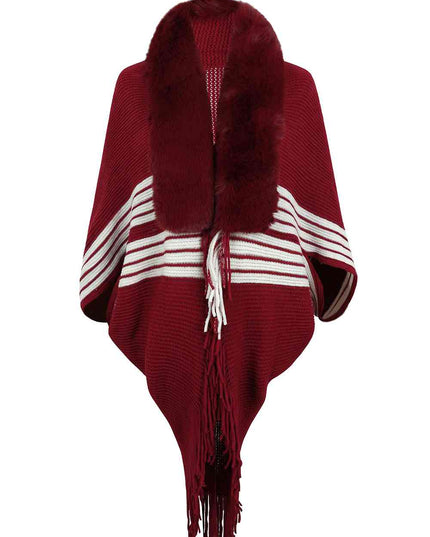 Striped Fringe Detail Long Sleeve Poncho