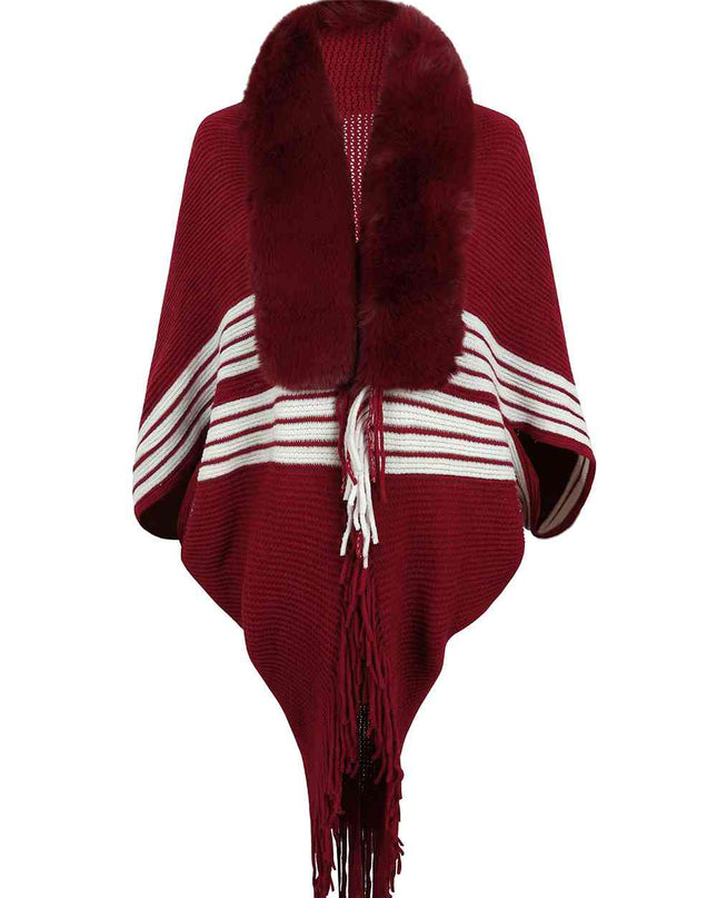 Striped Fringe Detail Long Sleeve Poncho