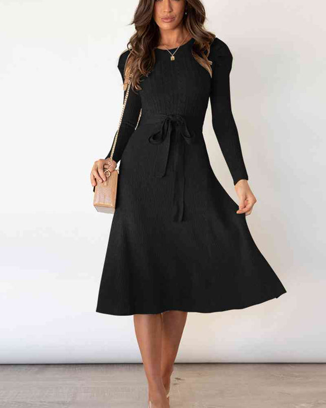 Round Neck Long Sleeve Tie Waist Sweater Dress