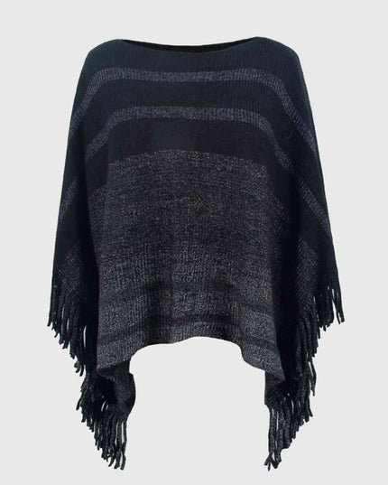 Striped Boat Neck Poncho with Fringes