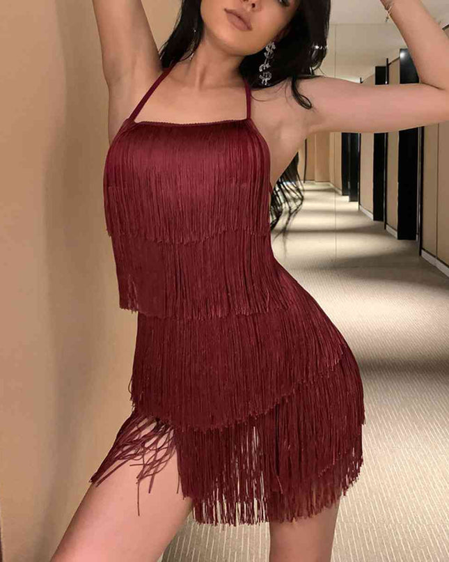 Fringed Halter Neck Tied Back Mini Dress