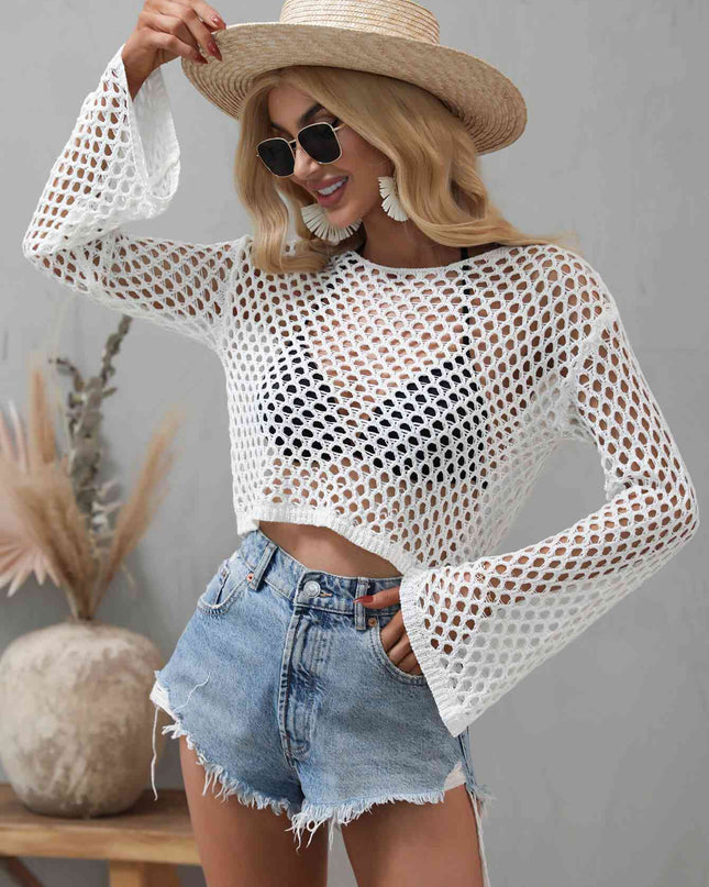 Openwork Flare Sleeve Cropped Cover Up