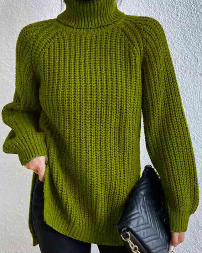 Full Size Turtleneck Rib-Knit Slit Sweater