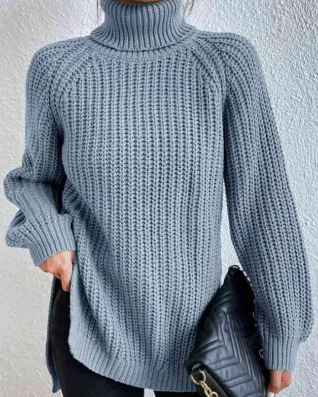Full Size Turtleneck Rib-Knit Slit Sweater