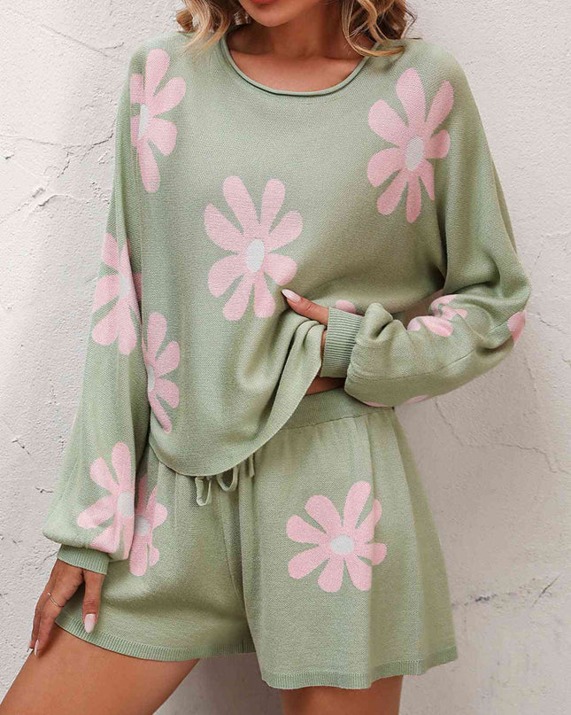 Floral Print Raglan Sleeve Knit Top and Tie Front Sweater Shorts Set