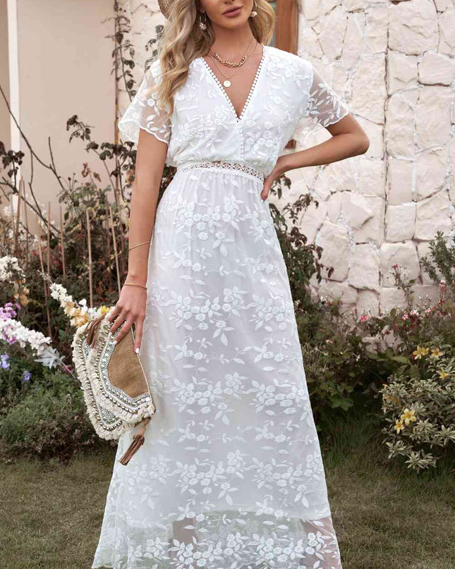 Embroidered Short Sleeve Surplice Neck Maxi Dress