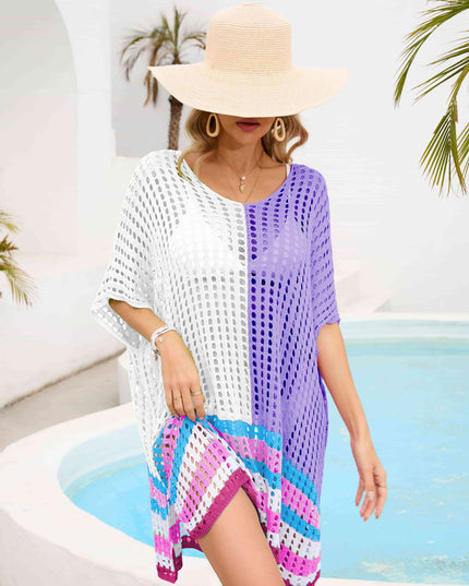 Contrast Scoop Neck Openwork Half Sleeve Cover Up