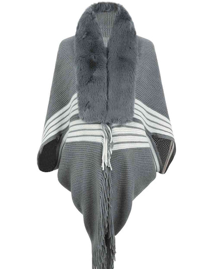 Striped Fringe Detail Long Sleeve Poncho