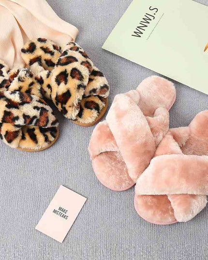 Faux Fur Crisscross Strap Slippers