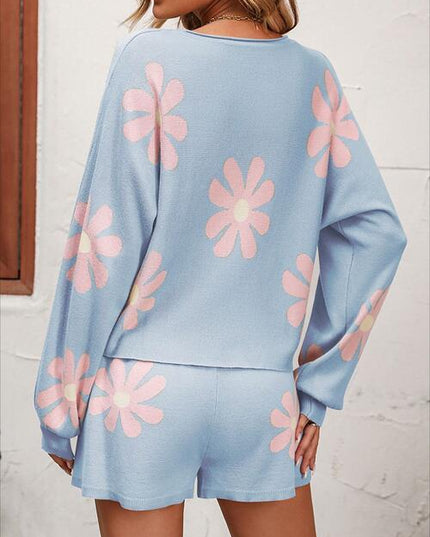 Floral Print Raglan Sleeve Knit Top and Tie Front Sweater Shorts Set