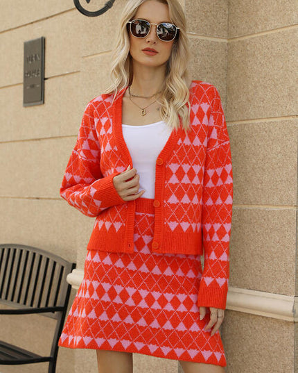 Geometric Button Front Cardigan and Skirt Set