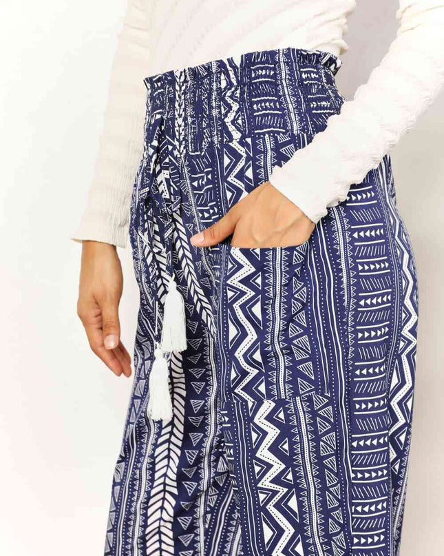 Double Take Geometric Print Tassel High-Rise Pants