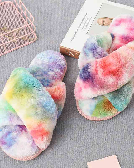 Faux Fur Crisscross Strap Slippers