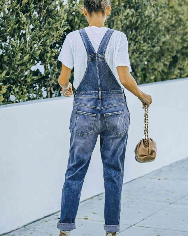 Pocketed Distressed Denim Overalls
