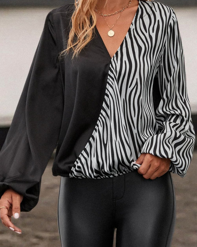 Animal Print Color Block Balloon Sleeve Blouse