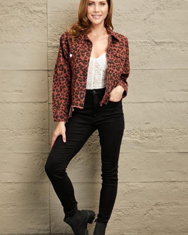 Double Take Leopard Print Raw Hem Jacket