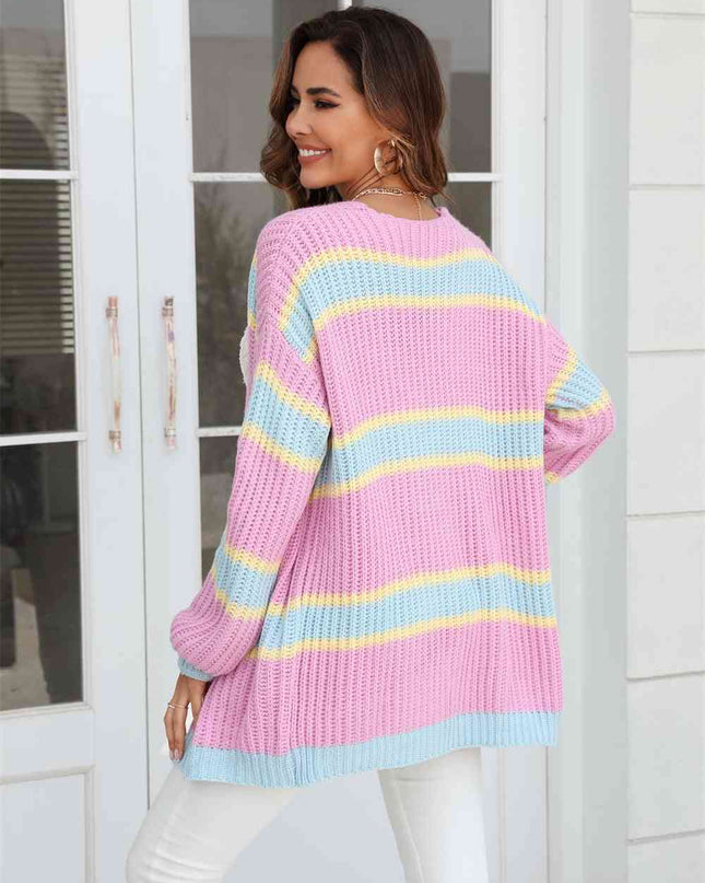 Color Block Ribbed Dropped Shoulder Open Front Cardigan