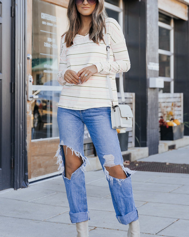Striped Dropped Shoulder V-Neck Top
