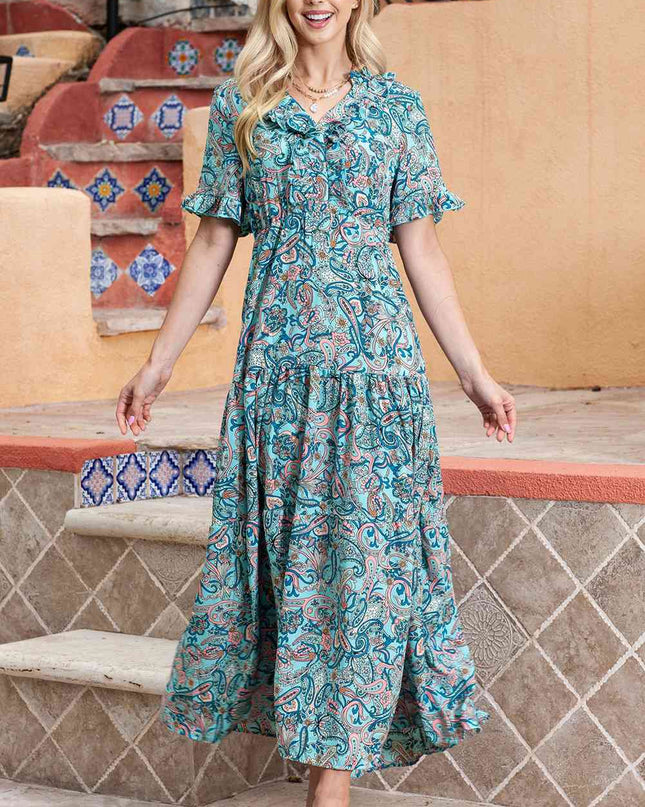 Paisley Print Flounce Sleeve Maxi Dress